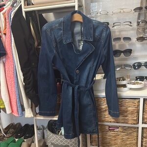 DG2 by Diane Gilman Blue Trench Coat with Belted Waist